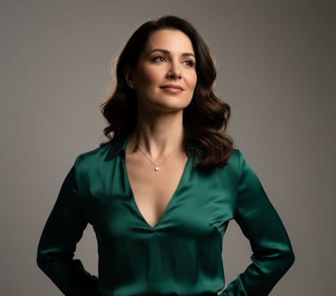 a woman in a green blouse and black pants
