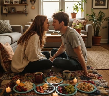 a man and woman sitting on a rug in a living room