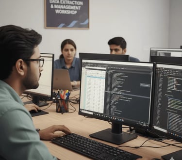 Students working on C++ programming tasks using desktop computers.