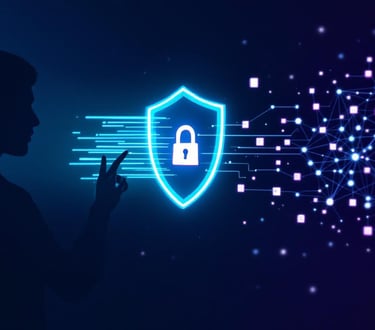 Ilustración de la privacidad en IA: un escudo protege los datos del usuario frente a un cerebro digital.