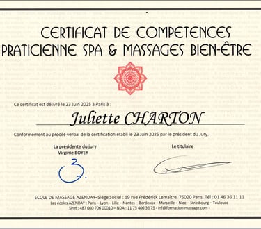 Certificat de compétences Juliette Charton, Juliette Massage praticienne spa & massages bien-être