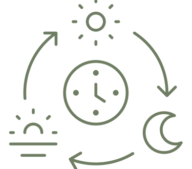 Green line icon showing a circadian rhythm cycle with clock, sun, and moon symbols.
