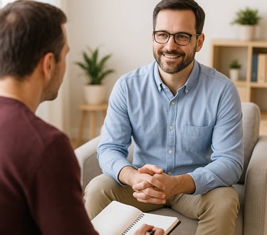 Un homme en accompagnement de bilan de compétences avec des outils modernes et structurés