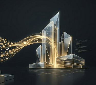 Abstract glowing digital cityscape representing integration of scalable digital ecosystems.