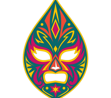 Colorful Lucha Libre mask illustration with teal, pink, and yellow tribal patterns on a black background.