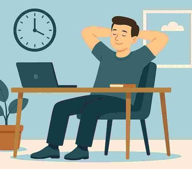 en nöjd man som sitter vid skrivbordet med en dator och en klocka