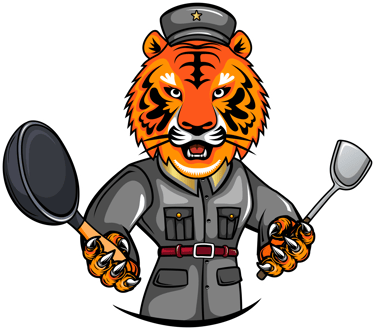 a tiger mascot mascot with a military hat and chef cooking ustensile.
