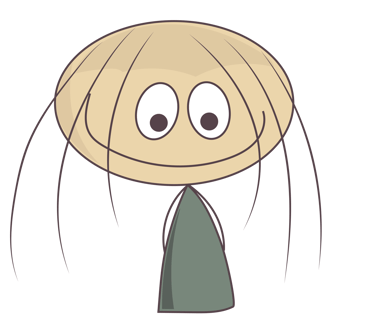 Whimsical cartoon character illustration with a wide oval head and long thin hair.