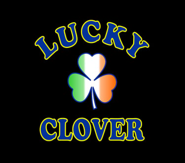 Lucky Clover graphic with Irish flag shamrock and blue text on a black background.