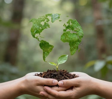 Close-up of a steaming cup of coffee resting on a wooden stump, surrounded by pinecones and autumn leaves.
