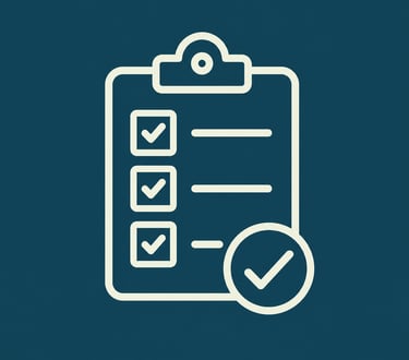 White line icon of a clipboard checklist with checkmarks on a dark blue background.