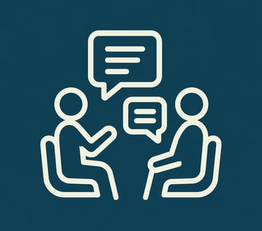 Minimalist line icon of two people sitting and talking with speech bubbles on a blue background.