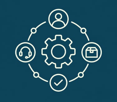 Business operations icon showing customer support, logistics, and management around a central gear.