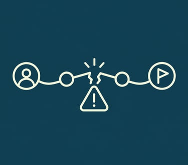 Minimalist icon showing a broken connection between a user and a goal with a warning symbol error.