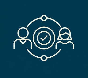 Minimalist line icon of a man and woman connected by a circle with a checkmark symbol for verified partnership.