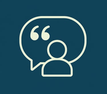 Minimalist icon of a person avatar with a speech bubble and quotation marks on a blue background.