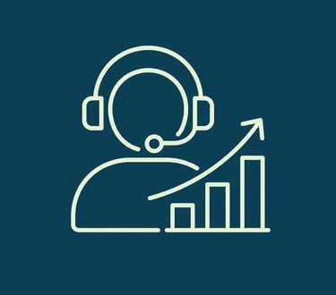 Line art icon of a customer service representative with a headset and a growth bar chart.