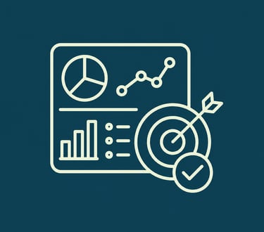 Business data dashboard icon featuring charts, graphs, and a target with an arrow for analytics.