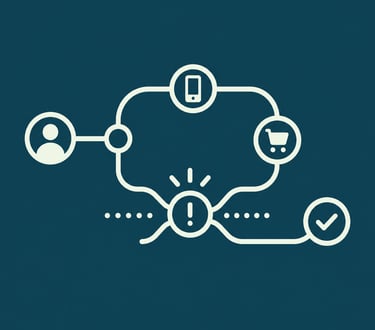 A flat line icon illustration showing a user journey through mobile shopping and checkout verification.