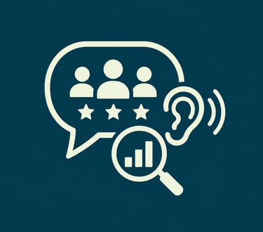 Social listening icon featuring employee reviews, analysis bar chart, and ear symbol.