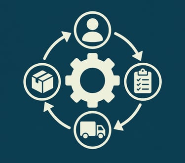Supply chain management diagram showing workflow icons for personnel, logistics, and inventory around a central gear.