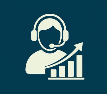 Customer support agent icon with headset and rising growth bar chart for sales performance.