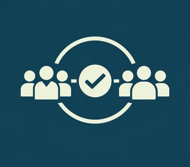 An icon showing a checkmark circle connecting two groups of people representing team collaboration and consensus.