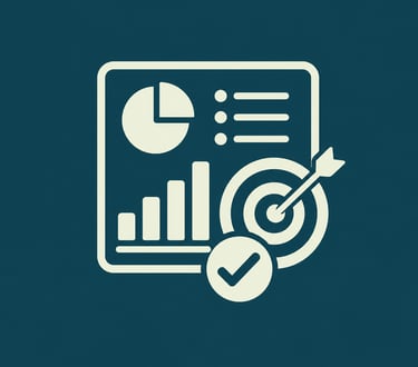 Business data dashboard icon with analytics charts, target goal achievement, and success metrics.