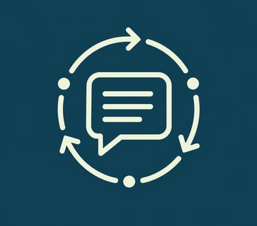 A minimalist communication feedback loop icon featuring a speech bubble inside a circular arrow.