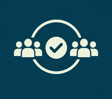 A minimalist blue and white icon showing people icons and a checkmark for team approval.