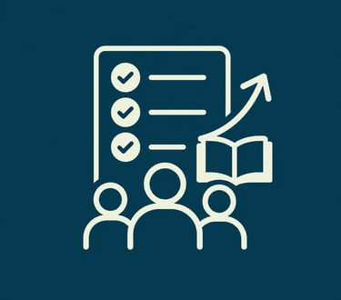 Business training icon showing a team, checklist, and growth arrow for professional development.