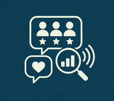 Customer feedback icon set showing star ratings, user reviews, and data analytics on a dark background.