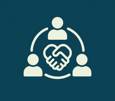 White community partnership icon with figures and a handshake forming a heart on a blue background.