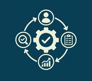 Process management icon showing quality control, data analysis, and workflow optimization.