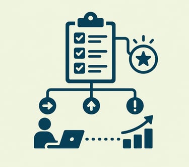 Project management icon showing a checklist, task flow, and growth chart for business productivity.