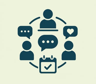 Social media networking icon featuring user avatars, chat bubbles, and event calendar icons.