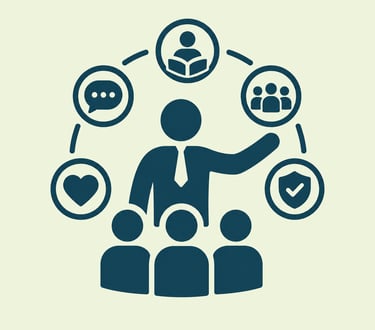 Corporate leadership icon showing a manager guiding a team through communication and security strategy.