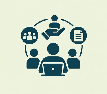 Business management icon showing team collaboration, customer support, and project documentation symbols.