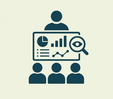 Business data analysis icon showing a presenter sharing charts and graphs with a team for market insights.