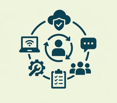 Digital ecosystem graphic showing cloud security, laptop, teamwork, and business process automation icons.