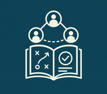 Business strategy playbook icon showing team collaboration and strategic planning symbols.