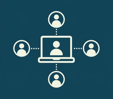 Flat icon illustration of a virtual meeting showing a laptop connected to remote user profiles.