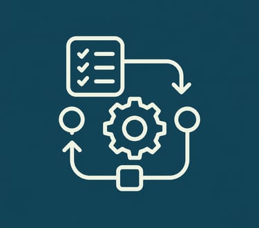 White line icon showing a workflow automation process with a checklist, gear, and circular arrows.
