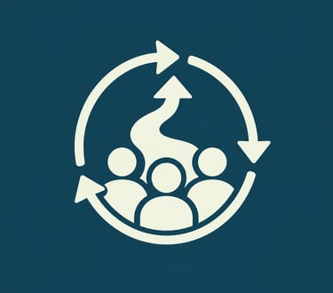 Minimalist business icon showing a team of people with circular arrows and an upward growth path.