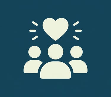 A group of three person icons with a heart symbol above them representing community support and love.
