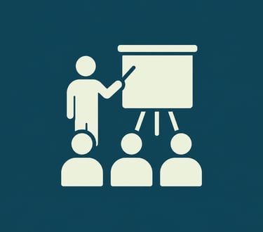 A minimalist business presentation icon showing a speaker at a whiteboard teaching an audience.