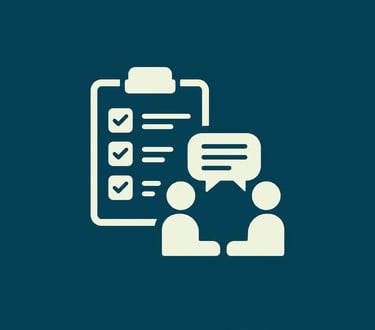 A white flat icon depicting a survey clipboard and two people in a business consultation meeting.