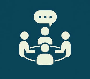 A minimalist flat icon representing a business team meeting and collaboration around a round table.