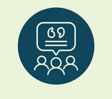 Minimalist customer testimonials icon showing a group of people and a quote speech bubble.