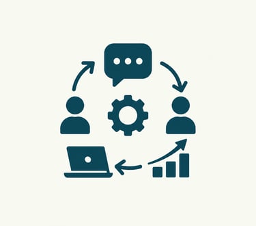 Business workflow icon showing team collaboration with laptop, data chart, and communication bubble.